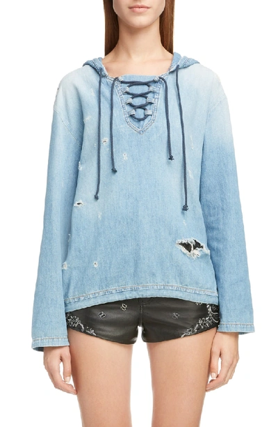 Shop Saint Laurent Lace-up Distressed Denim Hoodie In Dirty Sunrise Blue