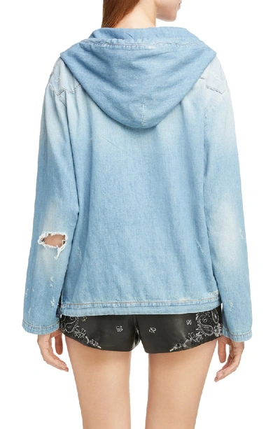 Shop Saint Laurent Lace-up Distressed Denim Hoodie In Dirty Sunrise Blue