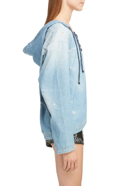 Shop Saint Laurent Lace-up Distressed Denim Hoodie In Dirty Sunrise Blue