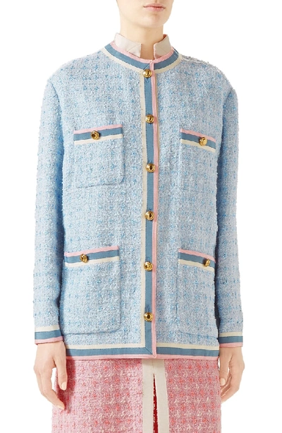 Shop Gucci Tweed Jacket In 4798 Light Blue/ White