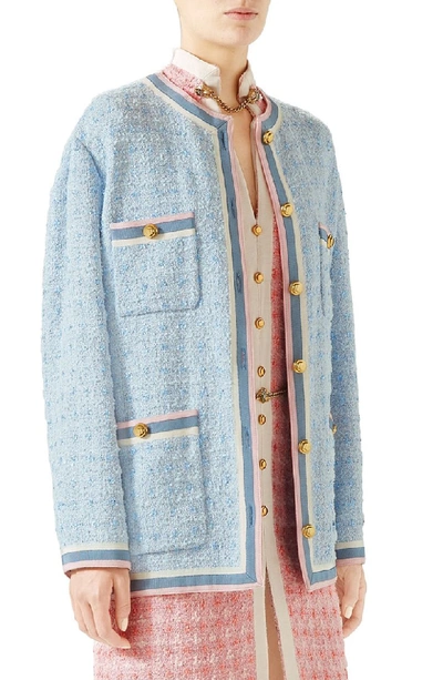 Shop Gucci Tweed Jacket In 4798 Light Blue/ White