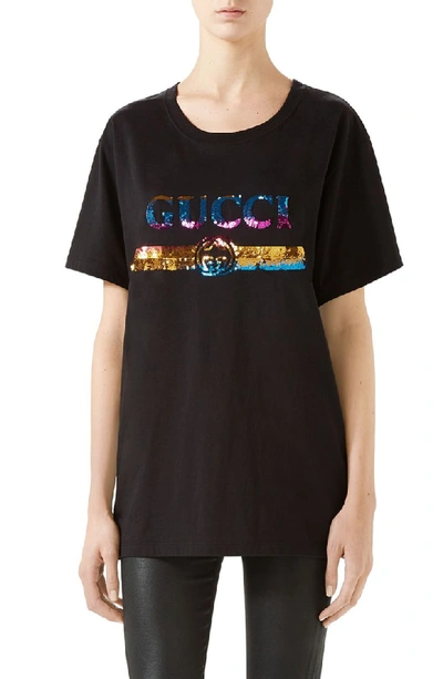 Shop Gucci Rainbow Sequin Logo Tee In 1082 Black/ Multicolor
