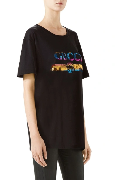 Shop Gucci Rainbow Sequin Logo Tee In 1082 Black/ Multicolor