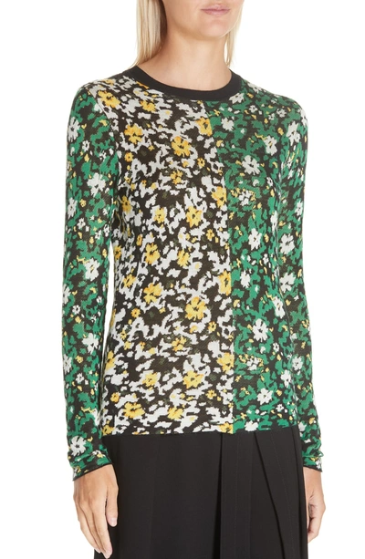 Shop Proenza Schouler Bicolor Silk Jacquard Floral Sweater In 12222 Black/ Green Combo