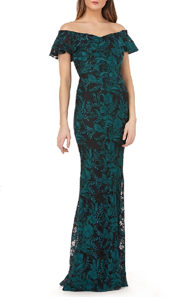 Shop Carmen Marc Valvo Infusion Sweetheart Embroidered Off The Shoulder Gown In Green/ Black