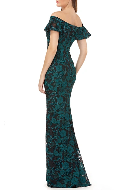 Shop Carmen Marc Valvo Infusion Sweetheart Embroidered Off The Shoulder Gown In Green/ Black