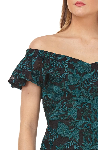 Shop Carmen Marc Valvo Infusion Sweetheart Embroidered Off The Shoulder Gown In Green/ Black