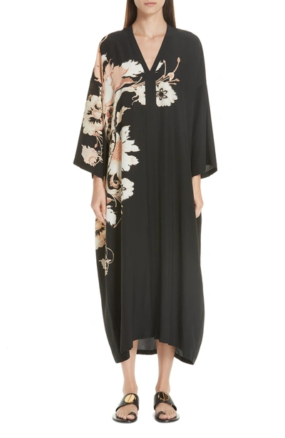 Shop Etro Floral Print Silk Caftan Dress In Black
