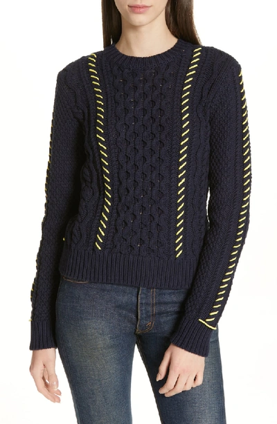 Shop La Ligne Cotton Fisherman Sweater In Navy Yellow