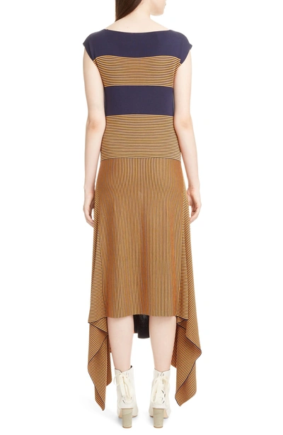 Shop Loewe Stripe Asymmetrical Silk Dress In Navy/ Orange