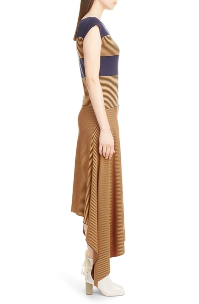 Shop Loewe Stripe Asymmetrical Silk Dress In Navy/ Orange