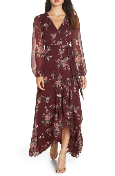 Shop Wayf Meryl Long Sleeve Wrap Maxi Dress In Cabernet Floral