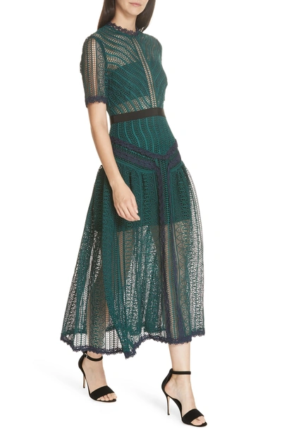 Shop Self-portrait Wave Lace Midi Dress In Green