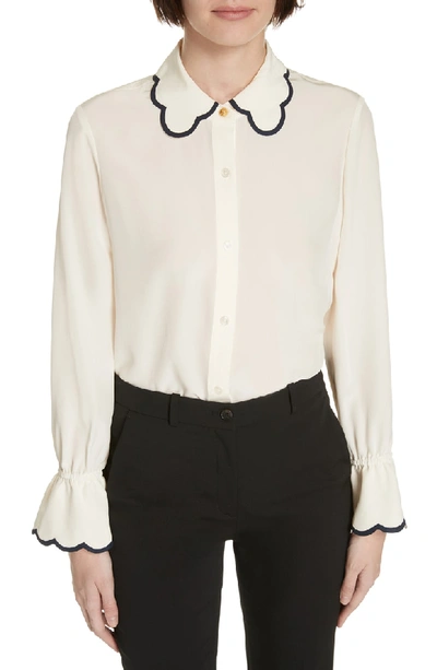 Shop Tory Burch Scallop Silk Bell Sleeve Shirt In New Ivory