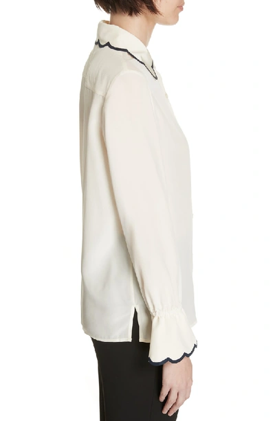 Shop Tory Burch Scallop Silk Bell Sleeve Shirt In New Ivory