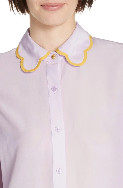 Shop Tory Burch Scallop Silk Bell Sleeve Shirt In Prince Purple