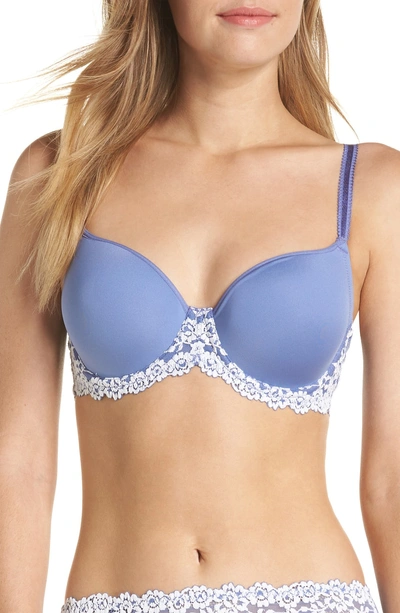 Shop Wacoal Embrace Lace Underwire Molded Cup Bra In Bleached Denim / White