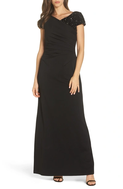 Shop Adrianna Papell Beaded Shoulder Ruched Gown In Black