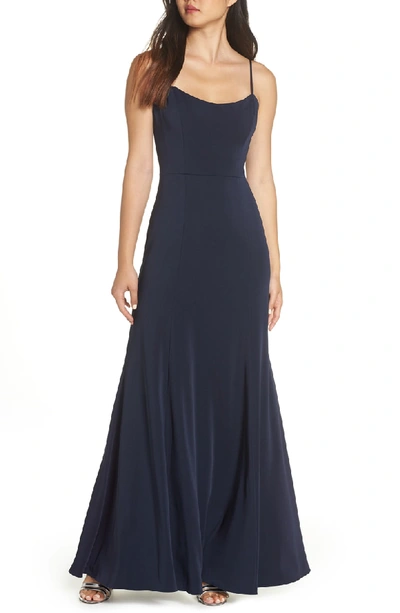 Shop Jenny Yoo Aniston Luxe Crepe Trumpet Gown In Midnight