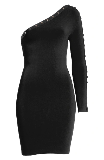Shop Alexander Wang Snap Detail One Shoulder Knit Dress In Black