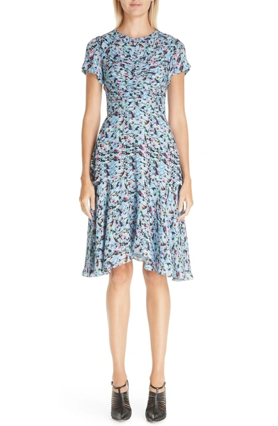 Shop Jason Wu Ruched Floral Print Silk Georgette Dress In Blue Multi