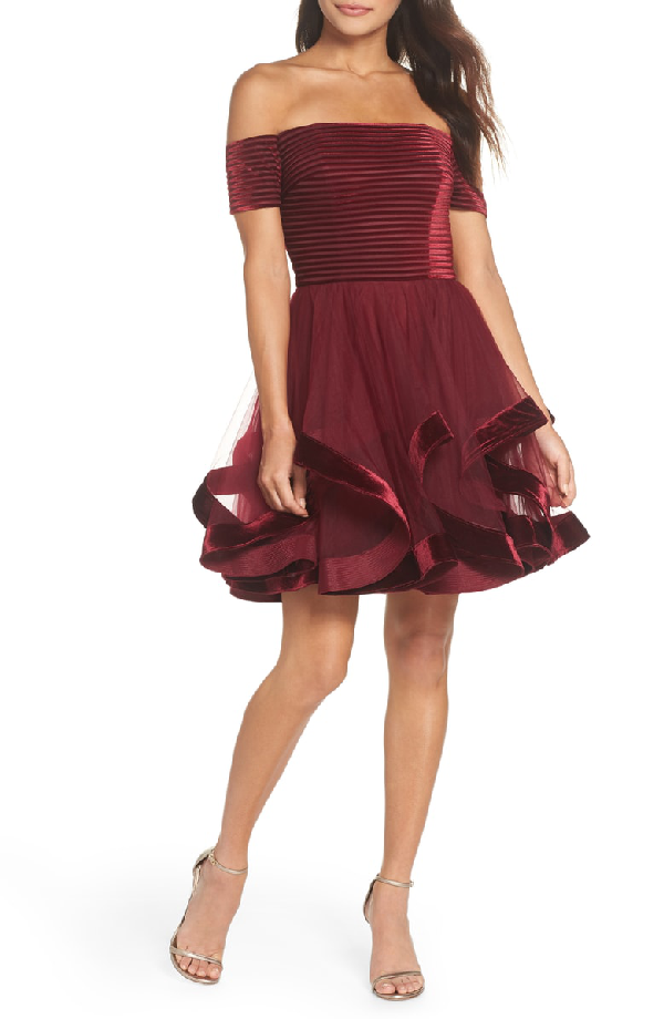 la femme off the shoulder velvet & tulle party dress