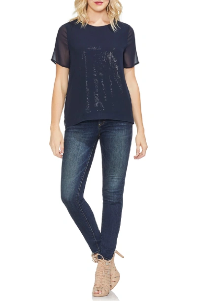 Shop Vince Camuto Sequin Chiffon Top In Classic Navy