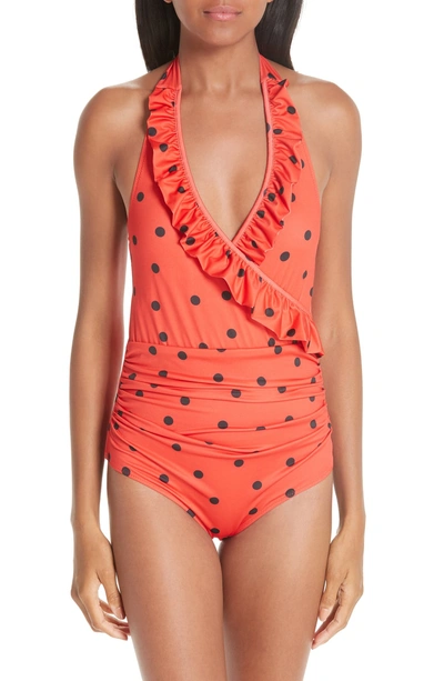 Shop Ganni Print One-piece Swimsuit In Fiery Red 403