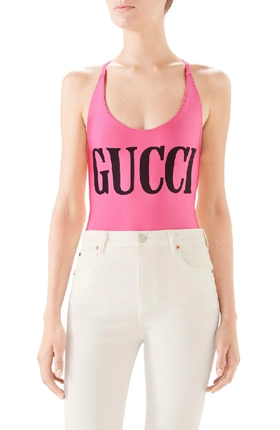 Shop Gucci One-piece Swimsuit In 5663 Bubble Gum/ Black