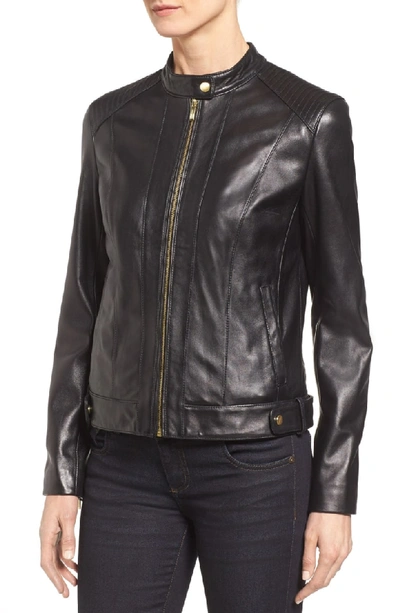 Shop Cole Haan Leather Moto Jacket In Black