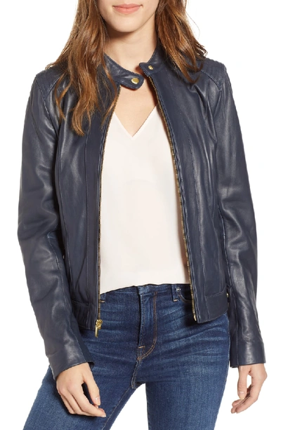 Shop Cole Haan Leather Moto Jacket In Navy