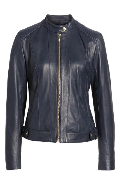 Shop Cole Haan Leather Moto Jacket In Navy