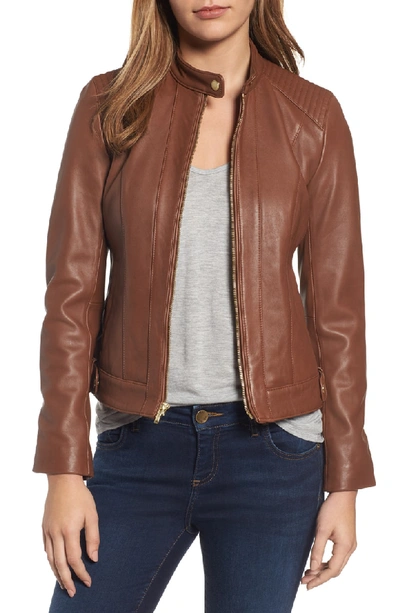 Shop Cole Haan Leather Moto Jacket In Chestnut