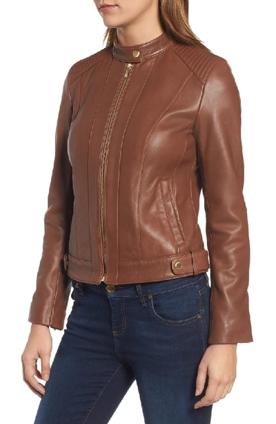 Shop Cole Haan Leather Moto Jacket In Chestnut