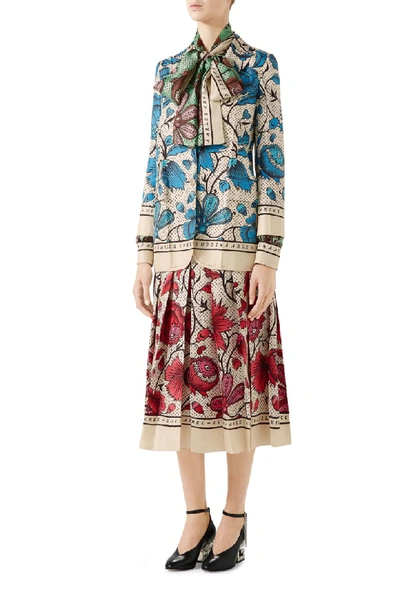 Shop Gucci Watercolor Floral Print Pleated Silk Twill Midi Skirt In 5349 Fuchsia/ Ivory Printe