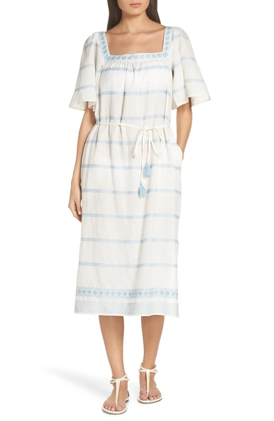 Shop Tory Burch Embroidered Linen & Cotton Cover-up Dress In New Ivory / Seltzer