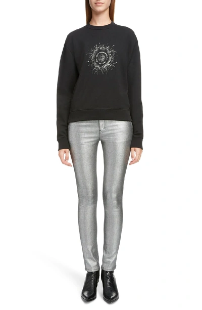 Shop Saint Laurent Metallic Skinny Jeans In Silver Lamina