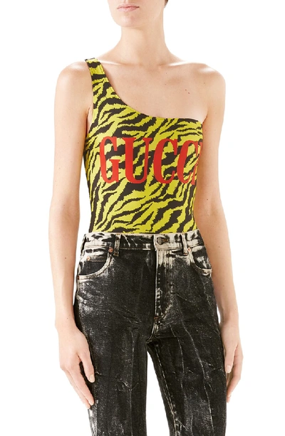 Shop Gucci Zebra Print One-piece Swimsuit In 7412 Yellow/ Black