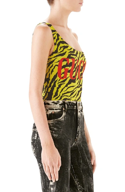 Shop Gucci Zebra Print One-piece Swimsuit In 7412 Yellow/ Black