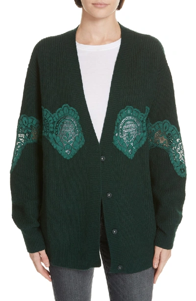 Shop Sandro Tower Lace Inset Wool Blend Cardigan In Bottle Green