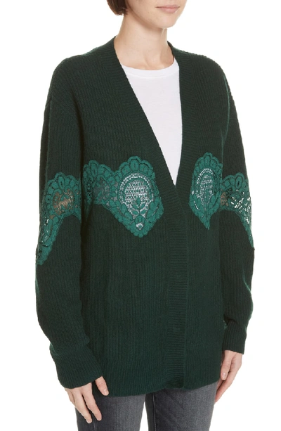 Shop Sandro Tower Lace Inset Wool Blend Cardigan In Bottle Green