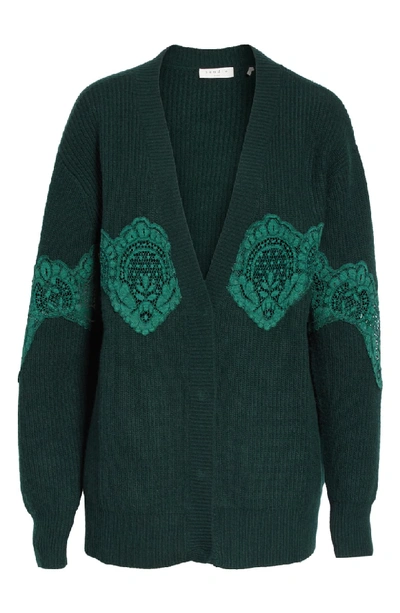 Shop Sandro Tower Lace Inset Wool Blend Cardigan In Bottle Green