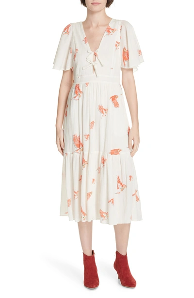 Shop La Vie Rebecca Taylor Bird Print Gauze Dress In Sand Combo