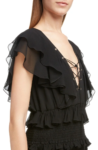 Shop Saint Laurent Smocked Silk Ruffle Minidress In Noir