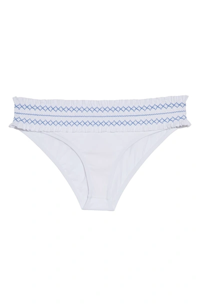 Shop Tory Burch Costa Smocked Hipster Bikini Bottoms In White / Blue Dusk