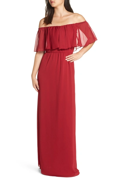 Shop Wayf Off The Shoulder Ruffle Popover Gown In Scarlett