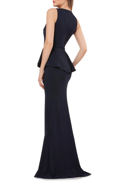 Shop Carmen Marc Valvo Infusion Embellished Peplum Waist Crepe Gown In Midnight