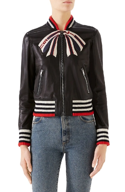 Shop Gucci Bow Leather Bomber Jacket In 1082 Black/ Multicolor