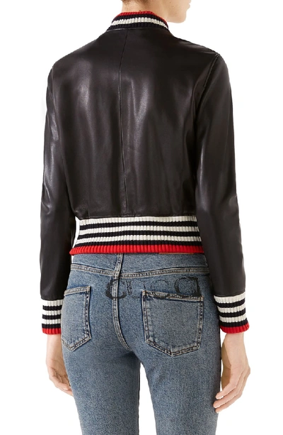 Shop Gucci Bow Leather Bomber Jacket In 1082 Black/ Multicolor