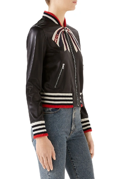 Shop Gucci Bow Leather Bomber Jacket In 1082 Black/ Multicolor